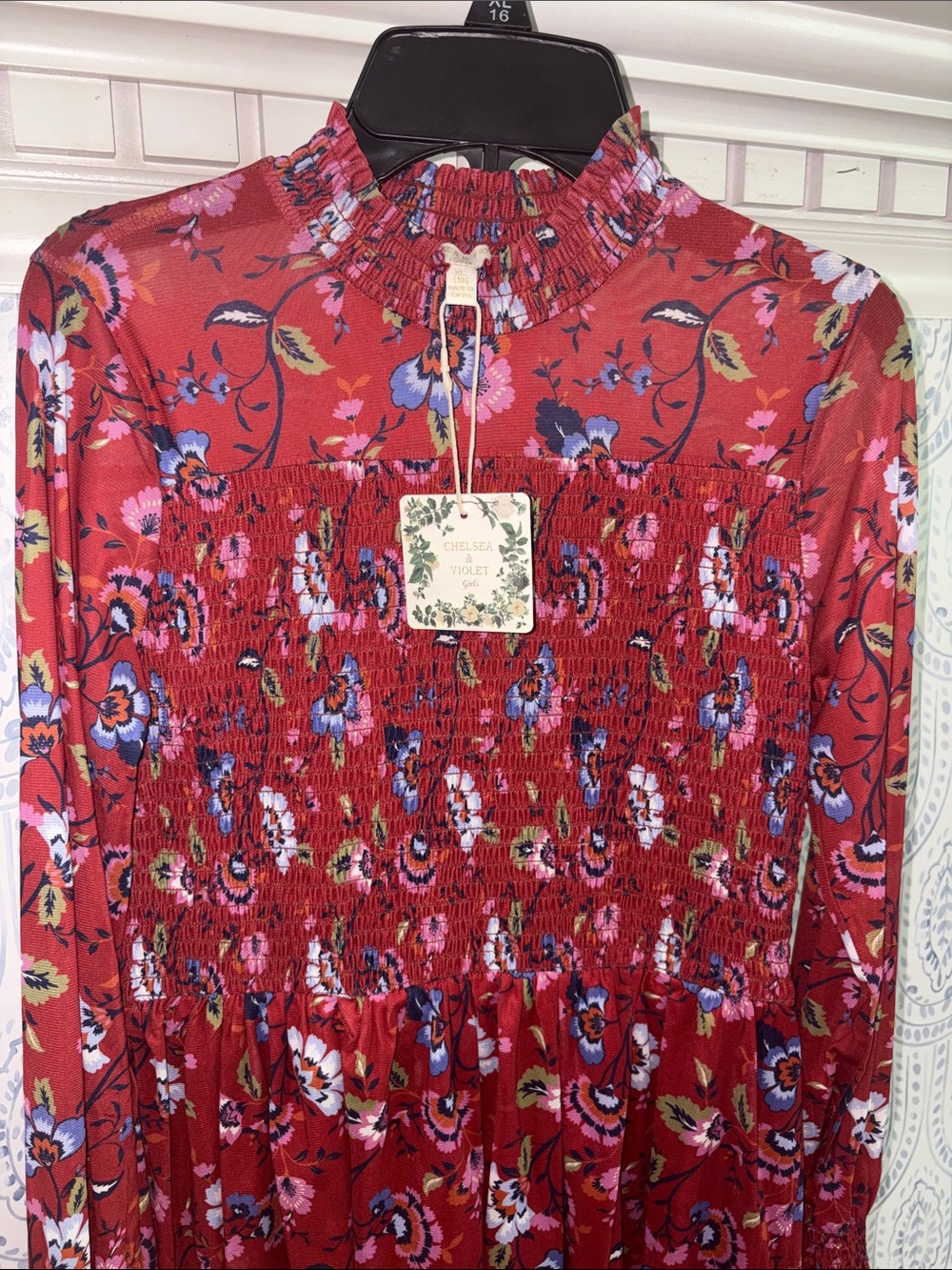 NWT Chelsea & Violet girls Floral Mesh Dress Smocked Bodice Mock Neckline XL 16